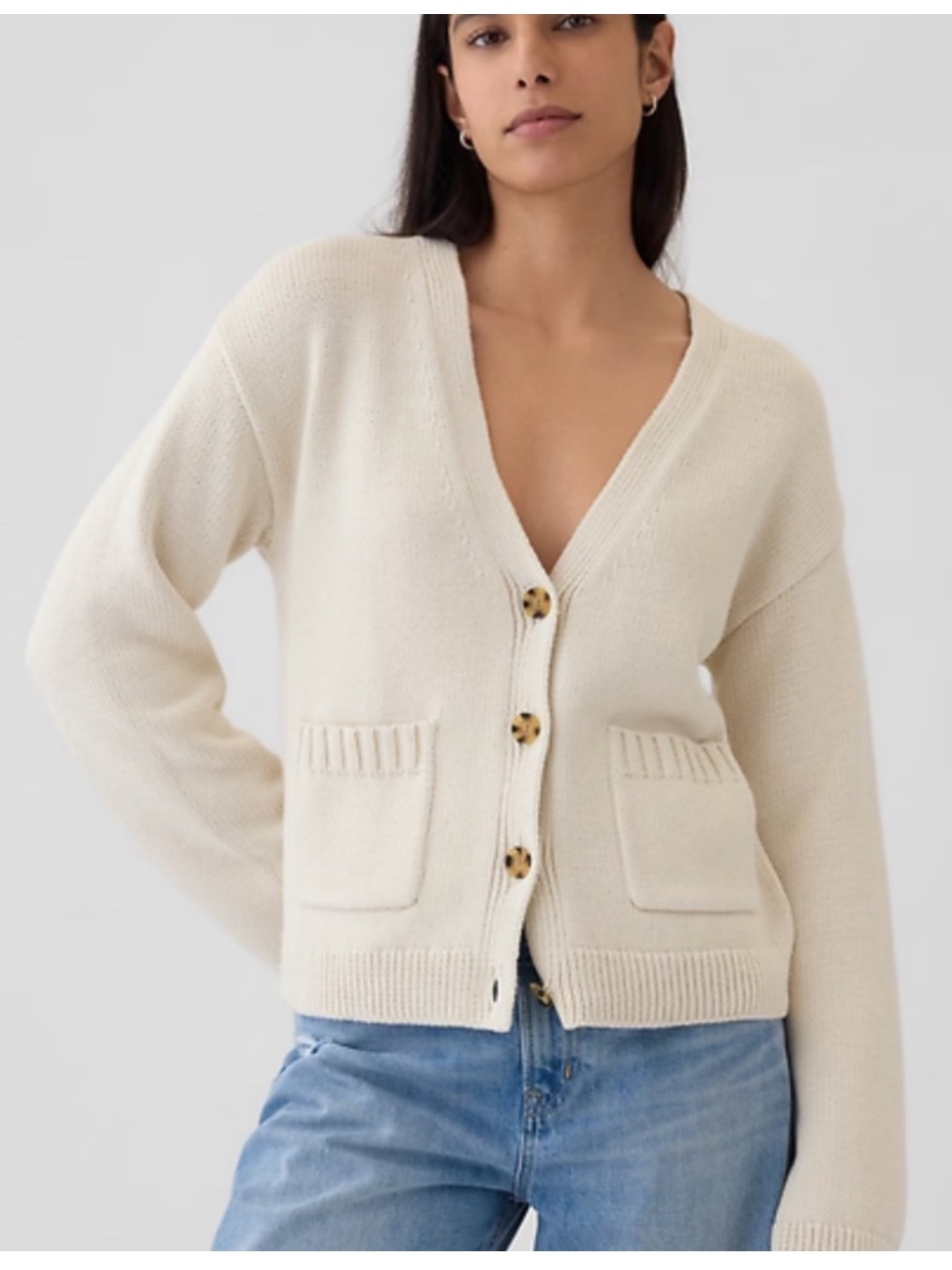 Gap Cotton Cream V-Neck Pocket Cardigan With Buttons
